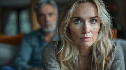 Fototapeta premium Sad pensive couple thinking of relationships problems sitting on sofa, conflicts in marriage.