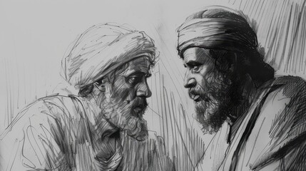 Fototapeta premium Genesis,The Second Journey to Egypt:Moment Joseph Sees Benjamin, Bold Pencil Sketch, Minimalist Modern Biblical Illustration, Soft Beige Background 