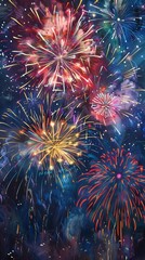 Fototapeta premium Vibrant fireworks explode in a night sky, illuminating the darkness with brilliant colors and dazzling patterns for celebration.