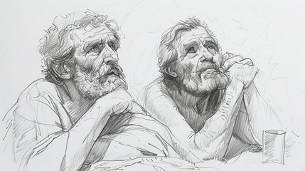 Genesis,The Prisoners&rsquo; Dreams:Minimalist Sketch of Cupbearer and Baker Looking Troubled, Bold Pencil Lines, Soft Beige Background  Biblical Illustration