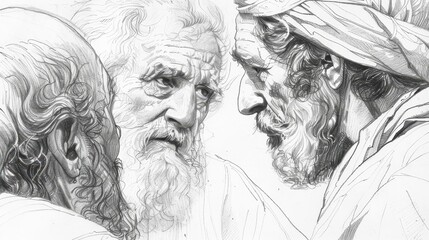 Genesis,The Three Visitors:Moment the visitors tell Abraham that Sarah will have a son, bold pencil sketch style, minimalist modern biblical , soft beige background