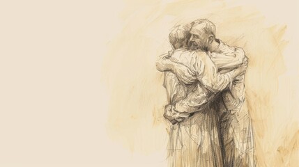 Fototapeta premium Genesis,Jacob Blesses Ephraim and Manasseh:Scene of Jacob Hugging Ephraim and Manasseh, Bold Pencil Sketch, Minimalist Modern Biblical Illustration, Soft Beige Background 
