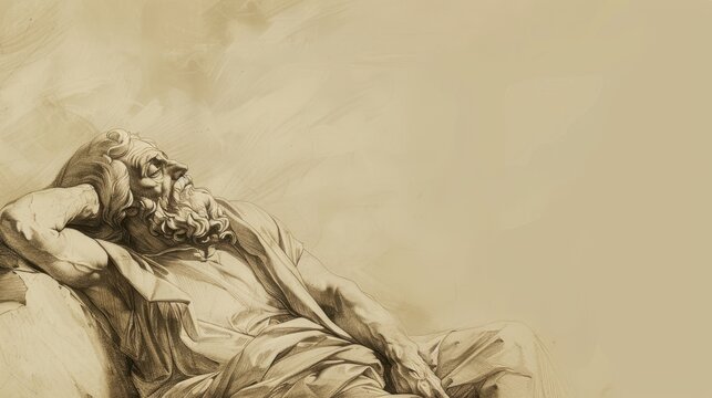 Genesis,The Creation:Historical sketch of God resting on the seventh day, minimalist modern biblical illustration with bold pencil lines, soft beige background, perfect for faith-inspiring wall art.