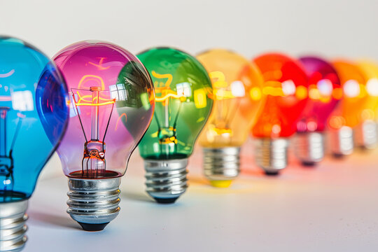 Creative light bulbs with rainbow colors on a white background, think differently and creative ideas