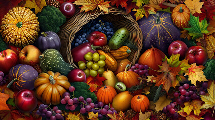 A basket of fruits and vegetables with a fall theme