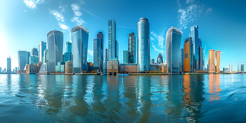 "Panoramic View of Modern City Skyline Reflecting on Water: Urban Elegance", "Futuristic Waterfront Cityscape: Architectural Marvels by the Water"

