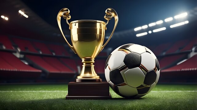 Soccer ball and the cup for football champions. Athletic competition occasion