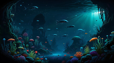 Obraz premium A mesmerizing illustration of an alien underwater world, featuring strange marine creatures, bioluminescent plants, and submerged alien structures, with space for text.