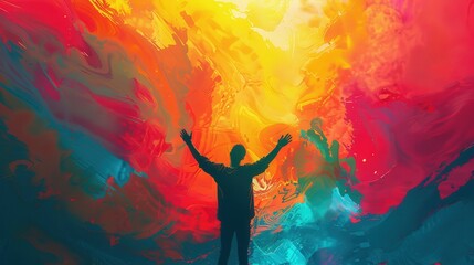 silhouette person experiencing vibrant colors emotions, symbolizing freedom self-expression cosmic backdrop.