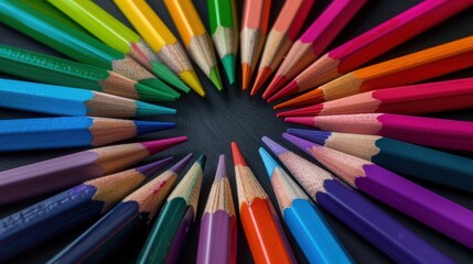 A vibrant arrangement of colored pencils in a circular pattern, showcasing a spectrum of bright hues for artistic inspiration.
