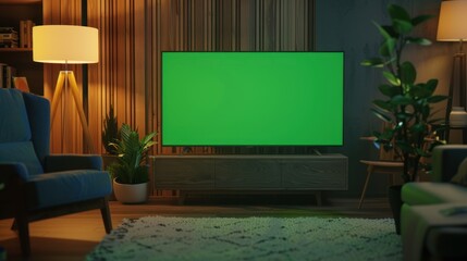 Modern house interior with blank green screen led TV mockup template material background wallpaper AI generated image