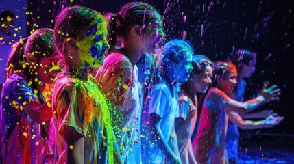 A vibrant scene of children enjoying a colorful paint party, expressing joy and creativity through splashes of bright color.