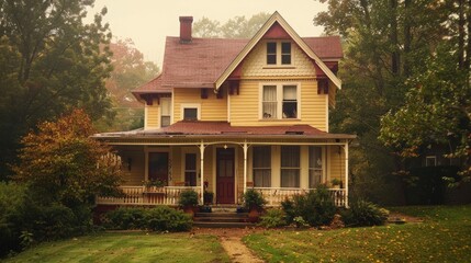 Charming yellow house surrounded by lush trees, showcasing classic architecture and a welcoming porch in a foggy setting.