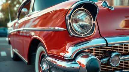 Close-up view of a vintage red car showcasing its classic design and shiny chrome detailing in a vibrant setting.