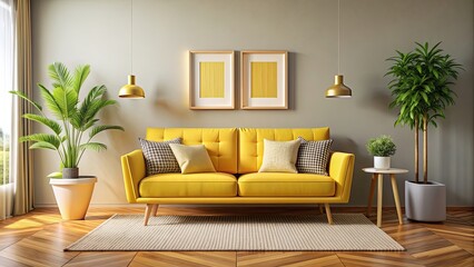 Modern colorful interior with a yellow sofa and pillows, carpet, home plant, and picture frame on wall, modern