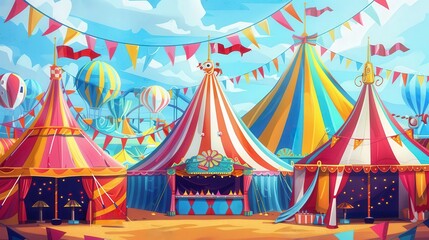 Colorful circus tents create festive atmosphere balloons flags, perfect fun adventure.