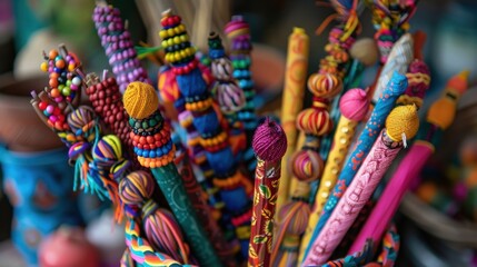 Fototapeta premium Colorful handmade sticks showcasing vibrant patterns and craftsmanship, perfect for art and cultural representation.