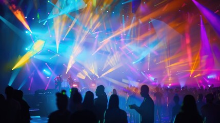 Exciting concert scene with vibrant lights and silhouettes of people enjoying an energetic performance.
