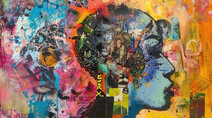 Fototapeta premium Vibrant abstract portrait woman profile, showcasing blend colors textures evoke creativity emotion.
