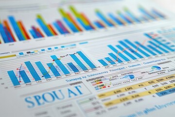 Vibrant data visualization with colorful graphs and charts on a professional report, ideal for business and analytics.