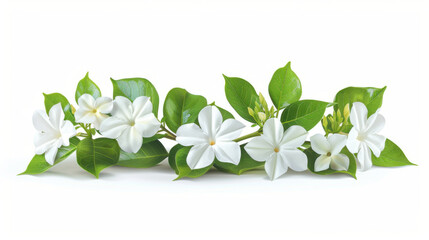 Obraz premium White flowers with green leaves arranged against a white background, emphasizing their pure and simple beauty in a minimalistic setting.