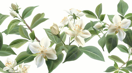 Fototapeta premium Detailed illustration of jasmine flowers with lush green leaves, showcasing the beauty and elegance of this delicate plant.