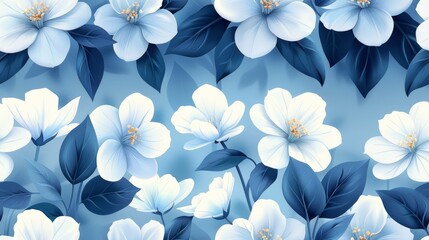 Fototapeta premium Stylized Monochrome Jasmine Flower Blooms Over Soft Blue Background