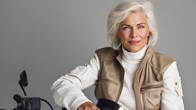 a badass senior woman with a leather jacket under jacket, motorcycle helmet tilted