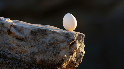 Obraz premium Egg Balancing on Rocky Cliff Edge Representing Business Risk and Decision-Making