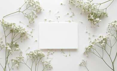 Blank white card surrounded by delicate baby's breath flowers on a white background.
