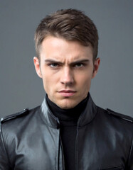 Fototapeta premium Young man in black leather jacket with serious expression