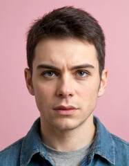Obraz premium Portrait of a young man with blue eyes against pink background