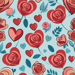 Naklejka premium Seamless pattern of Valentine's hearts and roses, Generative AI