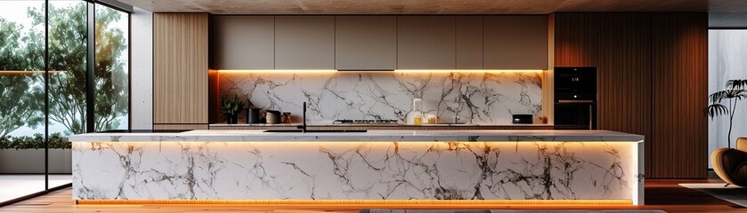 Modern kitchen with marble countertops handleless cabinets and integrated appliances minimalist style soft lighting digital painting