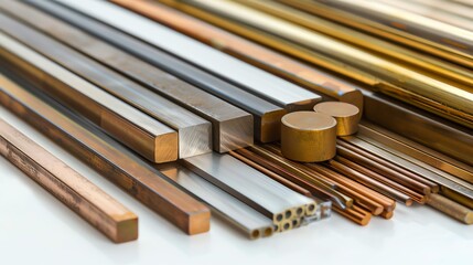 Variety of Metal Sheets and Rods in Different Finishes on Clean White Surface - Generative AI