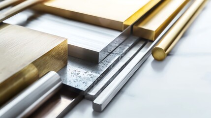 Variety of Metal Sheets and Rods in Different Finishes on Clean White Surface - Generative AI
