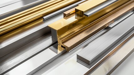 Variety of Metal Sheets and Rods in Different Finishes on Clean White Surface - Generative AI