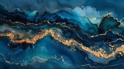 Abstract Blue and Gold Swirl with Golden Glitter.