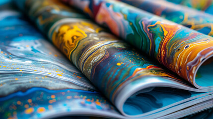 Close-up of colorful folded magazines with abstract patterns.