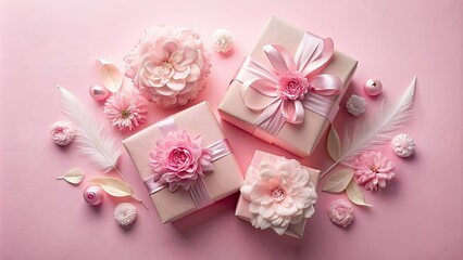Pink gift boxes wrapped in paper flowers and feathers, mockup, gift, boxes, pink, wrapped, paper flowers, feathers