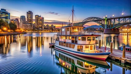 Naklejka premium Ferry boat docked at Granville Island at twilight in Vancouver, Canada , ferry boat