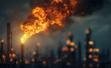 Fototapeta premium Industrial plant with a large flame emitting from a smokestack during nighttime.