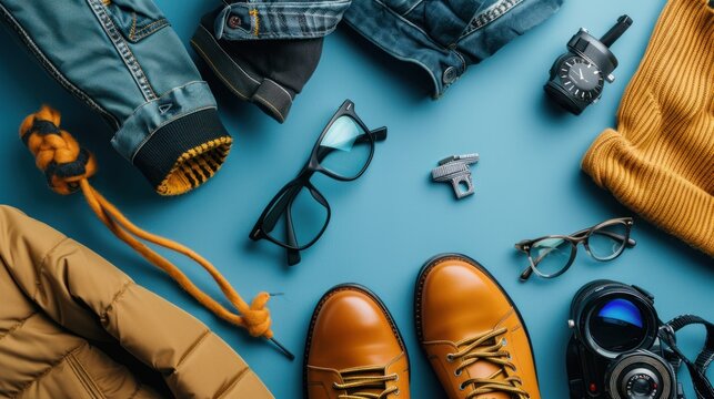 Male clothes and fashion accessories on blue background flatlay