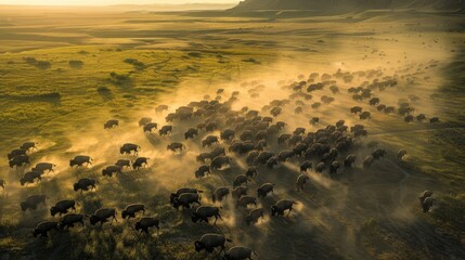 A Herd of Bison Running Through a Dusty Field at Sunset