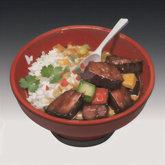 Hearty vegetable and beef stew served in a bowl with rice