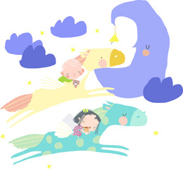 Cute sleeping Children flying on Horses in the Sky. Vector cartoon illustration.