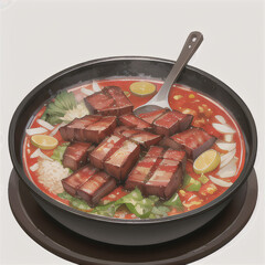 A delicious dish of meat and vegetables cooked in a pan, featuring colorful ingredients like chicken, beef, and tomatoes, perfect for a healthy lunch or dinner