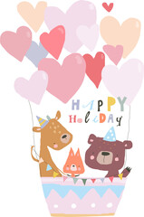 Birthday Card with Cute Animals flying on Hot Air Balloon. Vector illustration