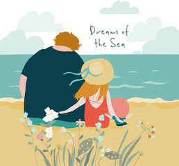 Cute Family sitting on Seaside and seeing on the Sea. Vector Illustration