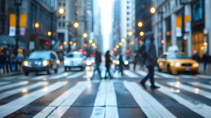 Obraz premium Blurred Bustling Chicago City Crosswalk at Nightfall with Pedestrians and Cityscape
